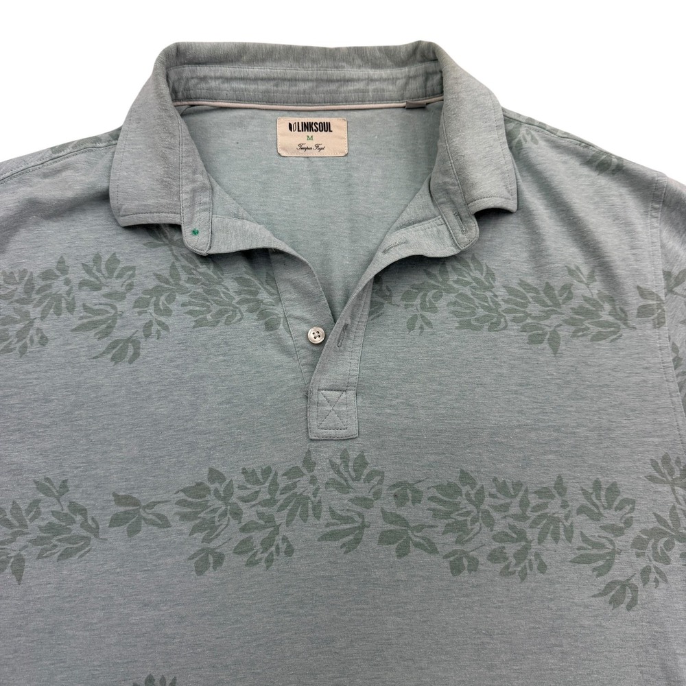 Linksoul Polo Shirt Mens M Green Floral Hawaiian Print Golf Short Sleeve